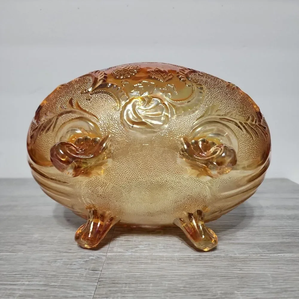 Vintage Indiana Marigold Footed Carnival Glass‎ Oval Bowl Compote Scalloped Edge
